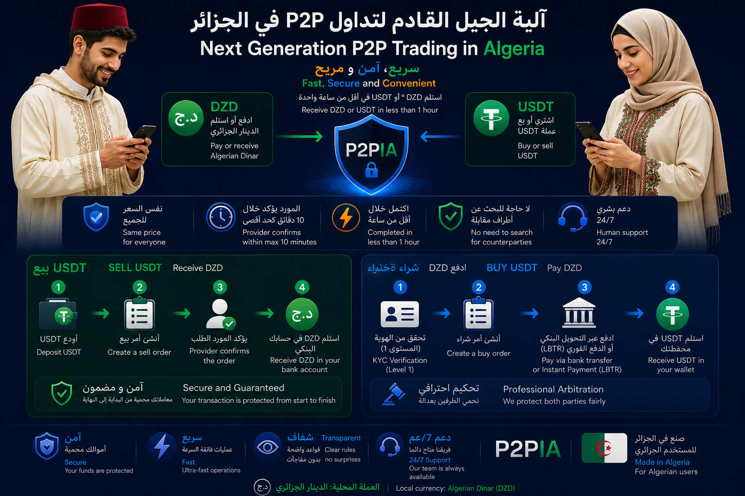 كيفية عمل التداول الآمن من نظير إلى نظير للدينار الجزائري وعملة USDT